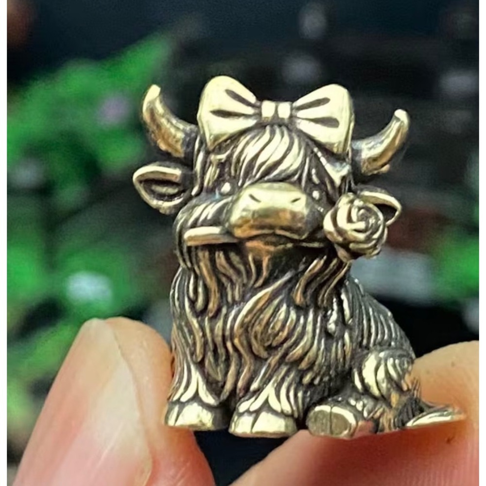 New Brass Miniature Highland Cow Figurine with Roses Bow Gold